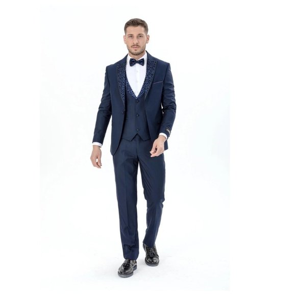 Derman Navy Luxury Patterned Collar Tuxedo Tuxedo 3 Piece - Picture 3 of 5